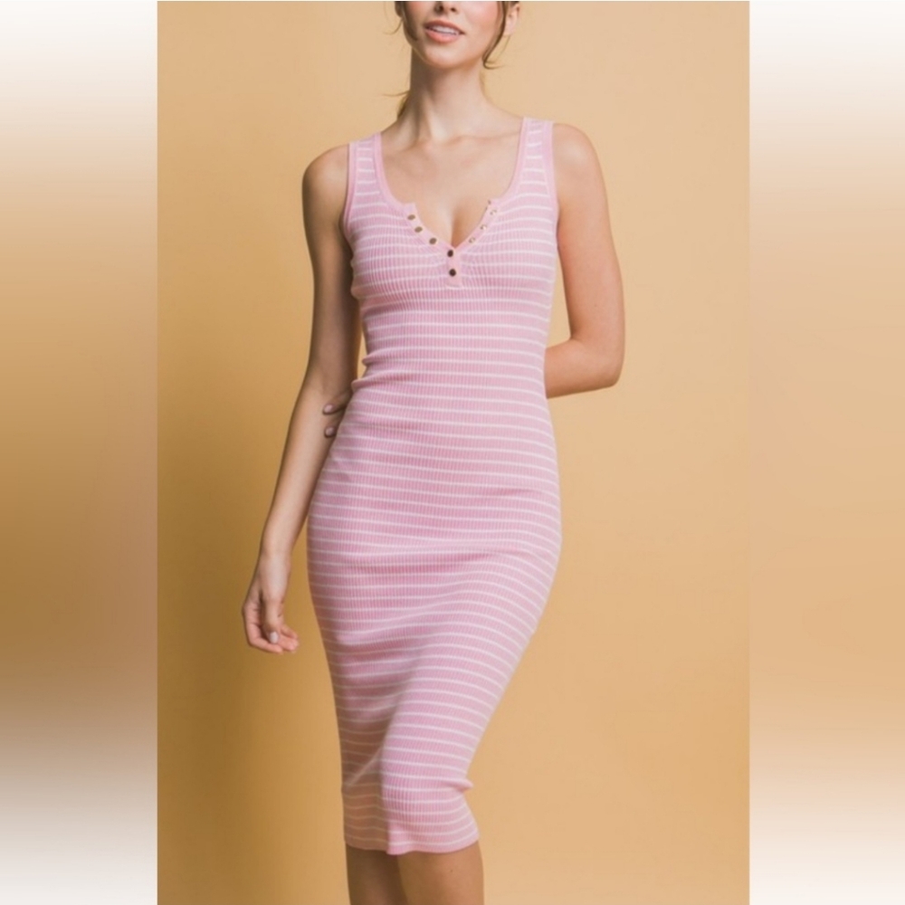 ππ©· Pink Striped SLEEVELESS Ribbed Midi Dress π©·π - Picture 3 of 10